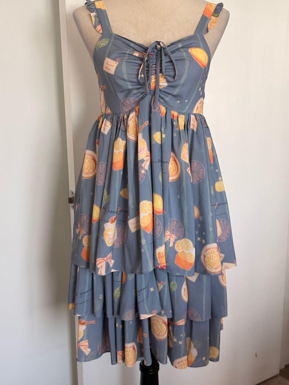 koi Lolita Dress Blue Tiered Sundress with Orange & Yellow Citrus Print